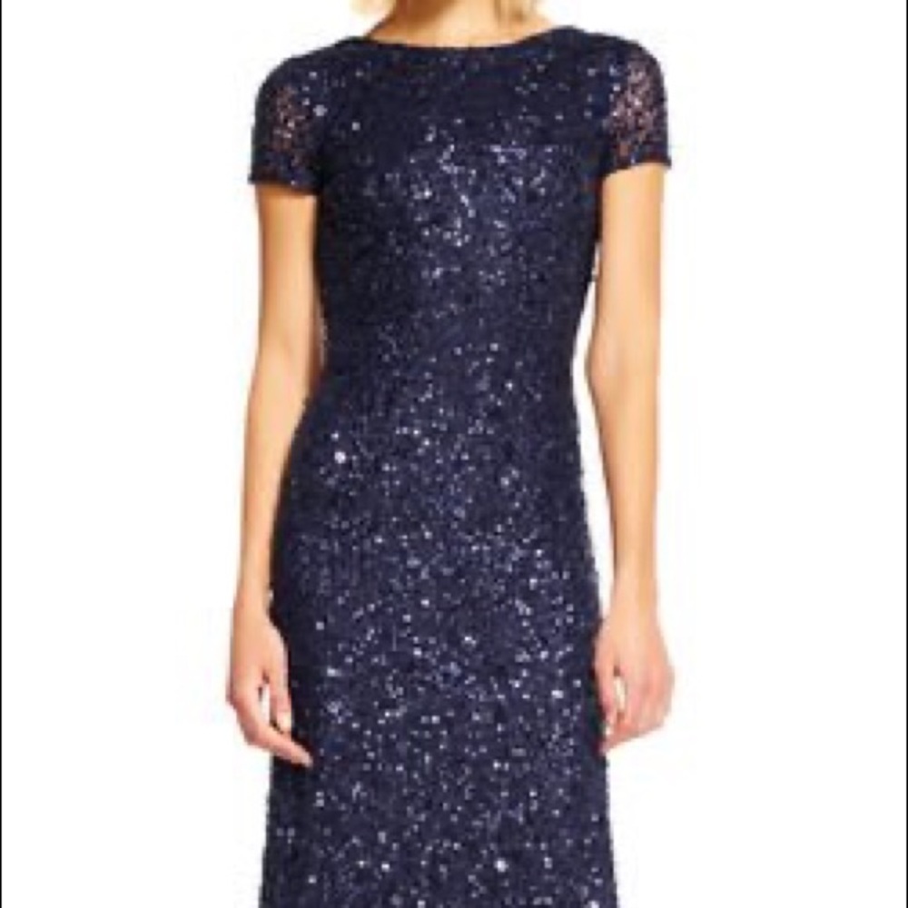 Adrianna Pappell Scoop Back Sequin Gown Navy sz 6